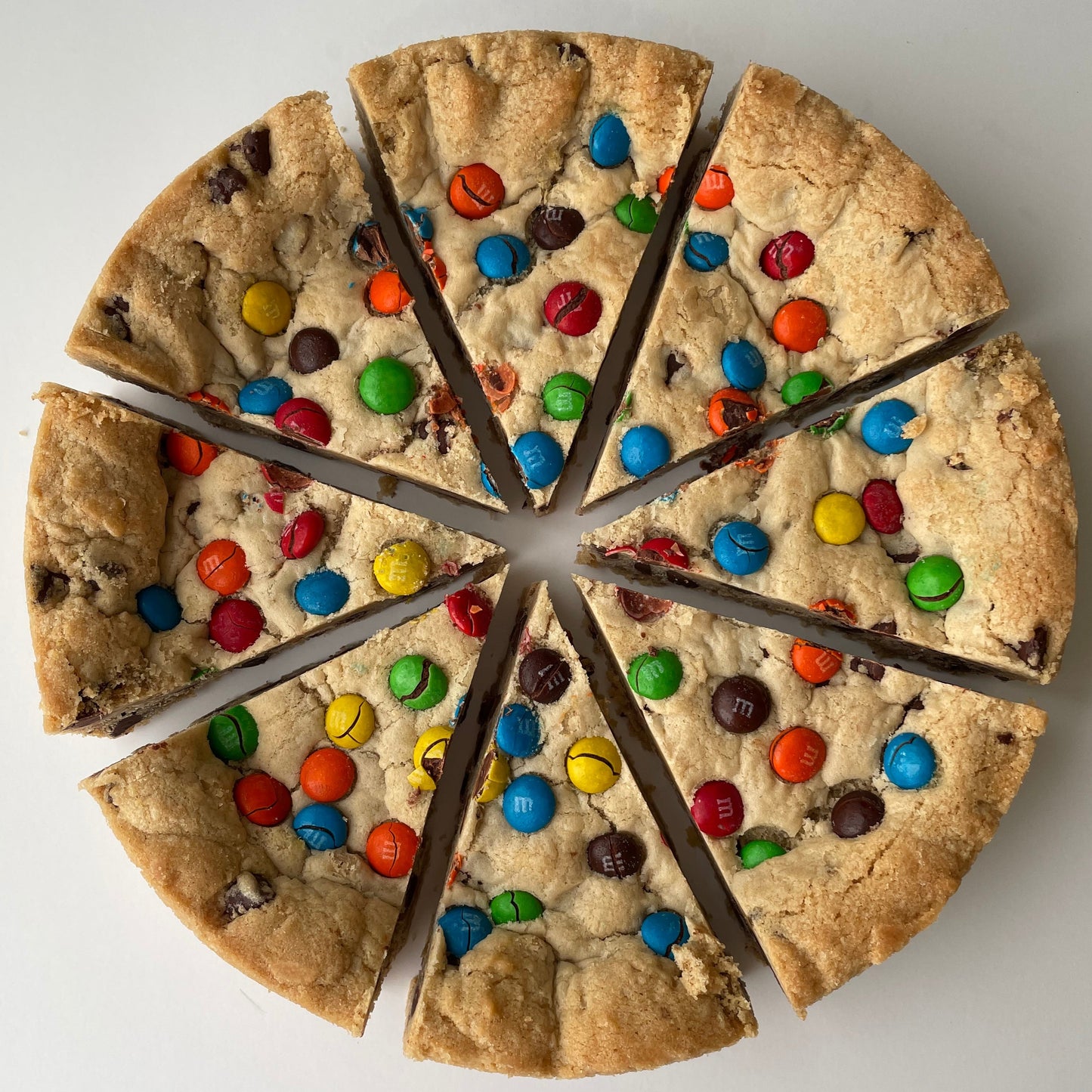 M&M Cookie Cake with chocolate chips. Makes a great birthday cake.