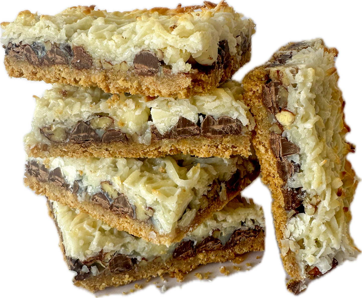 7 Layer Bar, Hello Dolly Bar. Graham Cracker, chocolate, pecans, coconut, white chocolate.