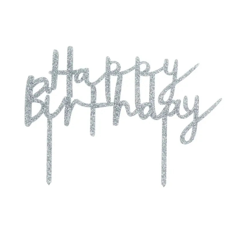 Silver Happy Birthday Acrylic Cake Topper