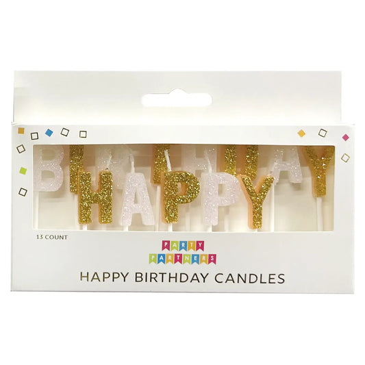 Happy Birthday Gold & White Glitter Candle Set